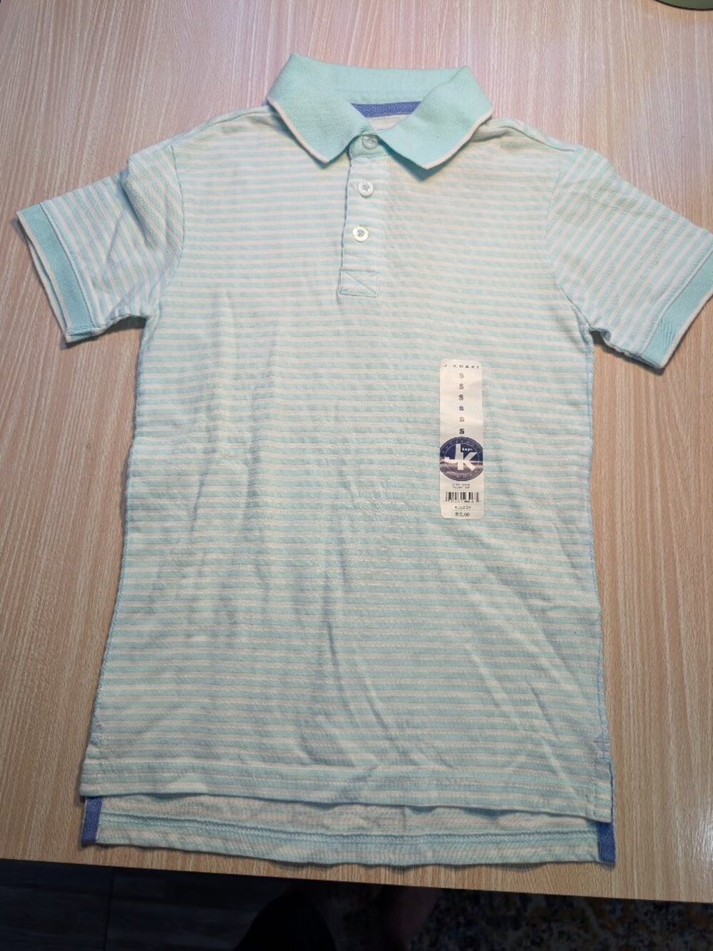 NWT J. Khaki boys' polo 100% Cotton shirt aqua blue white striped Size Small